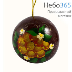  Сувенир рождественский деревянный, ёлочный шар, средний, "Цветы", с цветной росписью, диаметром 7 см, 20060, фото 2 