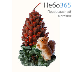 Свеча парафиновая рождественская "Шишка со зверьком", цветная, двух видов, в ассортименте, высотой 12 см, SW3564A / 30001 белочка, фото 1 