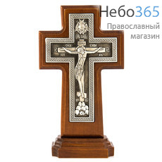 Крест деревянный 17123, с вклейкой из гальваники, на подставке, с посеребрением, с витейкой, фото 1 