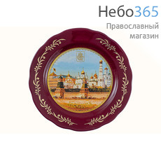  Тарелка керамическая 7-890, Москва, с литографией. Вид на Кремль с Москвы-реки. Красный обод, фото 1 