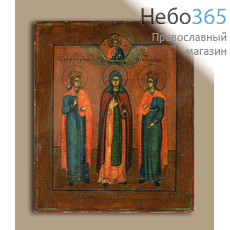  Икона писаная 26х31, великомученица Екатерина, преподобная Пелагия, великомученица Варвара, 19 век, фото 1 