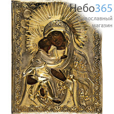  Владимирская икона Божией Матери. Икона писаная 14х18 см, риза, 19 век (Кж), фото 1 