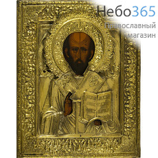  Николай Чудотворец, святитель. Икона писаная 26х31, риза, 19 век, фото 1 