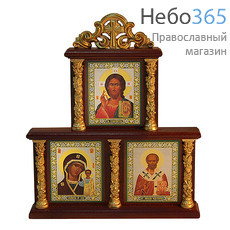  Икона - триптих: Спаситель, Казанская икона Божией Матери, святитель Николай Чудотворец, 17х22 см, в деревянном киоте, с лепными позолоченными колоннами и навершием (Мис), фото 1 