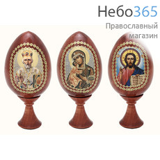  Яйцо пасхальное деревянное на подставке, с иконой, мореное, с золотистой и серебристой отделкой, высотой 7,5 см (без учета подставки), фото 1 