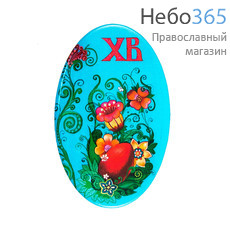 Магнит пасхальный, закатной, "Яйцо", с изображением яйца среди цветов, на голубом фоне, 7 х 4,5 см, фото 1 
