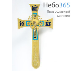  Крест напрестольный из латуни, с накладным распятием, четырехконечный Секирообразный, с гравировкой и эмалью, выс. 32 см, № 13, фото 1 