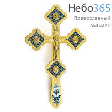  Крест напрестольный из латуни, с накладным распятием, с предстоящими, по форме Трилистник, гравировка, эмаль, 31 см, № 26, фото 1 