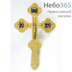  Крест напрестольный из латуни, с накладным распятием, по форме Трилистник, с гравировкой и эмалью, высотой 31 см, № 17, фото 1 