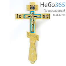  Крест напрестольный из латуни, с накладным распятием, восьмиконечный, с гравировкой и эмалью, высотой 26 см, № 9, фото 1 