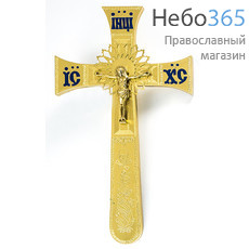  Крест напрестольный из латуни, с накладным распятием, четырехконечный, с гравировкой и эмалью, высотой 32 см, № 12, фото 1 