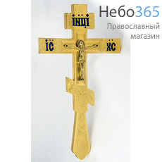 Крест напрестольный из латуни, с накладным распятием, восьмиконечный, с гравировкой и эмалью, высотой 29,5 см, № 10, фото 1 