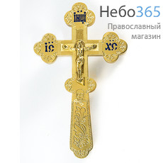  Крест требный из латуни , с накладным распятием, по форме Трилистник, гравировка,эмаль, высотой 20 см, № 1, фото 1 
