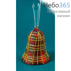  Сувенир рождественский Колокольчик, из пластика, красный, с тесьмой и блестками, высотой 12,5 см, 554553., фото 1 