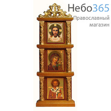  Спаситель, Казанская икона Божией Матери, святитель Николай Чудотворец. Триптих 6х18 см (иконы 3х4 см), в вертикальном деревянном киоте с лепными позолоченными колоннами и навершием (х406) (Мис), фото 1 
