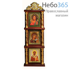  Спаситель, Казанская икона Божией Матери, преподобный Сергий Радонежский. Киот деревянный 10х30 см с тремя иконами 6х9 см, вертикальный, с лепными позолоченными колоннами и навершием, без стекла, фото 1 
