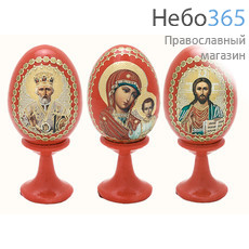  Яйцо пасхальное деревянное на подставке, с иконой, красное, миниатюрное,с цветной литографией и золотой аппликацией,выс. 5 см(без учета подст.), фото 1 