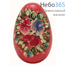  Яйцо пасхальное деревянное "Неваляшка", со звоном, красное, с ручной цветочной росписью и золотой аппликацией, высотой 8 см, фото 1 