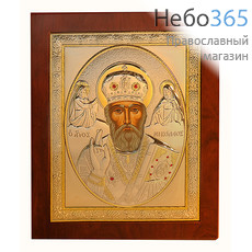  Икона в ризе (Мо) 22х27, святитель Николай Чудотворец, позолота, шелкография, деревянная основа, со стразами, в рамке, фото 1 
