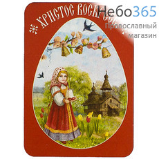  Магнит пасхальный, на мдф, с изображением девочки с пасхальным угощением и храма, в красной рамке, 5 х 7 см ., фото 1 