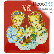  Магнит пасхальный, плоский, с изображением мальчика и девочки, в русском наряде, на красном фоне, 6 х 7 см ., фото 1 