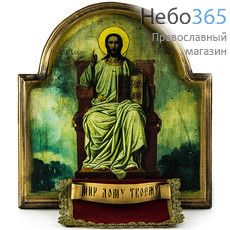  Спаситель на престоле. Икона на дереве 30х30х5 см, арочная, бархат, металлический декор (Пин) (№84), фото 1 