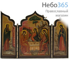  Святая троица с Авраамом и Сарой. Складень металлический 26х18, цветной фон, золотые нимбы, с ковчегом, фото 1 
