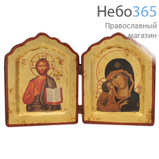  Складень деревянный с иконами: Спаситель и Донская икона Божией Матери, 20х13х2 см, двойной, арочный с фигурным верхом, ручное золочение, с ковчегом (B30S) (Нпл), фото 1 