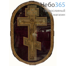  Крест деревянный из фанеры, выносной, резной, на бархате, в овальном киоте, под стеклом, высотой 53 см, 4516, фото 1 