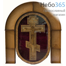  Крест деревянный из фанеры, выносной, резной, на бархате, в овальном киоте, под стеклом, с подковообразным окладом для цветов, 4528., фото 1 