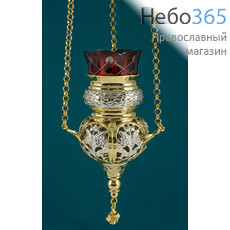  Лампада подвесная металлическая с ажурными прорезями, двухцветная, с чеканкой, позолотой, ручной работы, высотой 13 см, фото 1 