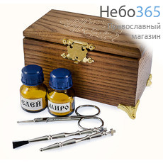  Ящик крестильный деревянный: 2 стекл. флакона, 2 стрючца, губка, складные ножницы, 6,5 х 11,5 х 8,5 см, 316-10, фото 1 