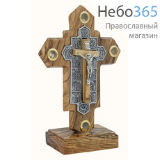  Крест деревянный Иерусалимский из оливы, с металлическим распятием и накладкой Страсти Христовы, с 4 вставками, на подставке, высотой 20 см, фото 1 