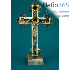  Крест деревянный Иерусалимский из оливы, с полным двухцветным перламутром,на подставке с металлическим распятием, с 5 вставками, высотой 24 см, фото 1 