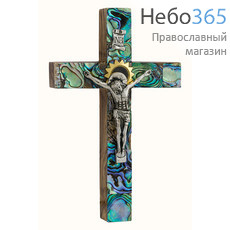  Крест деревянный Иерусалимский из оливы, с полным перламутром, с металлическим распятием, с 1 вставкой, высотой 12 см., фото 1 