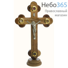  Крест деревянный Иерусалимский из оливы, с металлическим распятием, с 4 вставками, на подставке, высотой 25 см., фото 1 