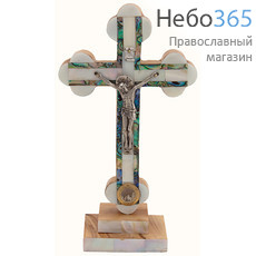  Крест деревянный Иерусалимский из оливы, с металлическим распятием, с перламутром, с 1 вставкой, на подставке, высотой 20.5 см., фото 1 