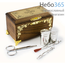  Ящик крестильный деревянный, с металл. накладками: 2 металл. флакона, 2 стрючца, губка, складные ножницы, 315-10, фото 1 