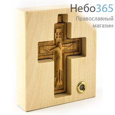 Крест деревянный Годеновский В киоте, с мощевиком с частицей земли Годеновской, резной, из бука или липы, высотой 11,5 см, освящен., фото 1 