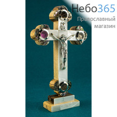  Крест деревянный Иерусалимский из оливы, с белым перламутром, с металлическим распятием, с 4 вставками, на подставке, высотой 15 см., фото 1 