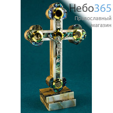  Крест деревянный Иерусалимский из оливы, с полным двухцветным перламутром, с металлическим распятием, с 5 вставками, на подставке, выс. 16 см., фото 1 