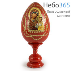  Яйцо пасхальное деревянное на подставке, с иконой, красное, среднее, с золотой отделкой, высотой 14см, фото 1 