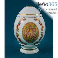  Яйцо - шкатулка пасхальное керамическое на ножке, без ручки, с белой глазурью, с деколью Красный орнамент, ХВ, с золотом, ЯШНОБОКОЗ, фото 1 