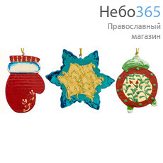  Сувенир рождественский деревянный, ёлочное украшение простое, в ассортименте, с цветной росписью (в уп.- 5 шт.), 10202, фото 1 