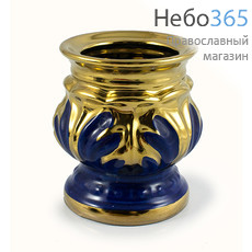  Лампада настольная керамическая Кубок. Павлин, средняя, резная, с эмалью и золотом, высотой 8 см, фото 1 
