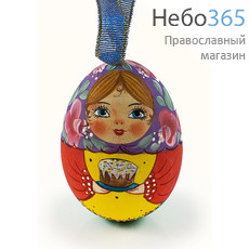  Яйцо пасхальное деревянное подвесное, "Матрешка", с акриловой ручной росписью, высотой 7 см, разноцветные, фото 1 