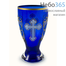  Лампада настольная стеклянная синяя, с крестом,цв.орнаментом, объемом 370 мл; 8,8х16 см, № 11, фото 1 