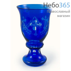  Лампада настольная стеклянная синяя, с крестом,.орнамент листья, объемом 400 мл; 10 х 16 см, № 113, фото 1 
