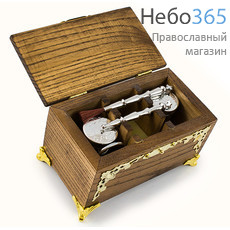  Ящик крестильный деревянный, с металл. накладками: 2 металл. флакона, 2 стрючца, губка, складные ножницы, 315-10, фото 3 
