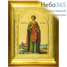 Икона в киоте 30х40 (с киотом 42х50), полиграфия, тиснение, деревянный багет Пантелеимон, великомученик, фото 1 